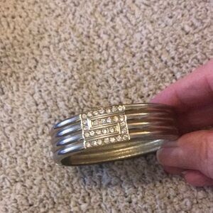 Silver/Gold Oval Open Bangle w/Spring Closure. Rhinestone Faux Designer Accent